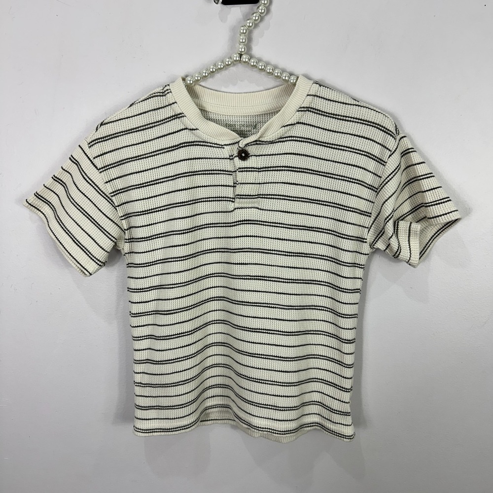 Easy Peasy Kids Henley Top 5T Cream Gray Stripe Organic‎ Cotton Short Sleeve